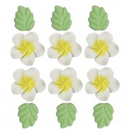 Flor Plumeria Cód.712 (Pacote c/ 6 flores e 6 folhas. Medidas 2,5cm x 2,5cm)