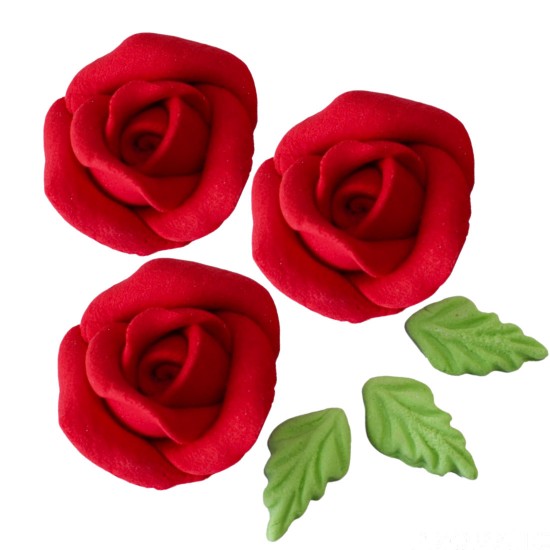 Rosa artesanal M Cód.426 (Pacote c/ 3 rosas e 3 folhas Medida 3cm aprox)