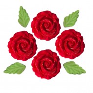 Rosa Glíter Cód.452 (Pacote c/ 8 pçs 4 rosas e 4 folhas. Medidas 2,5cm)