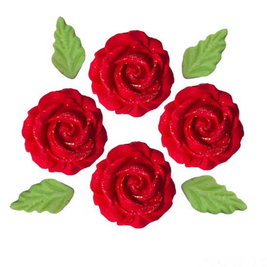 Rosa Glíter Cód.452 (Pacote c/ 8 pçs 4 rosas e 4 folhas. Medidas 2,5cm)
