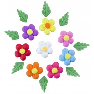 Margarida Color Cód.010 (Pacote c/ 6 flores e 6 folhas. Medidas 2cm x 2cm)